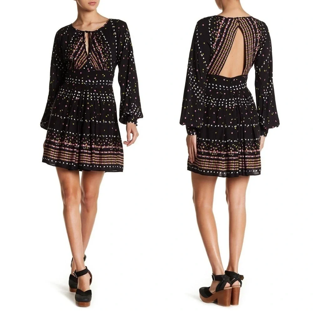 Free People Black Printed Coryn Mini Dress Size 12